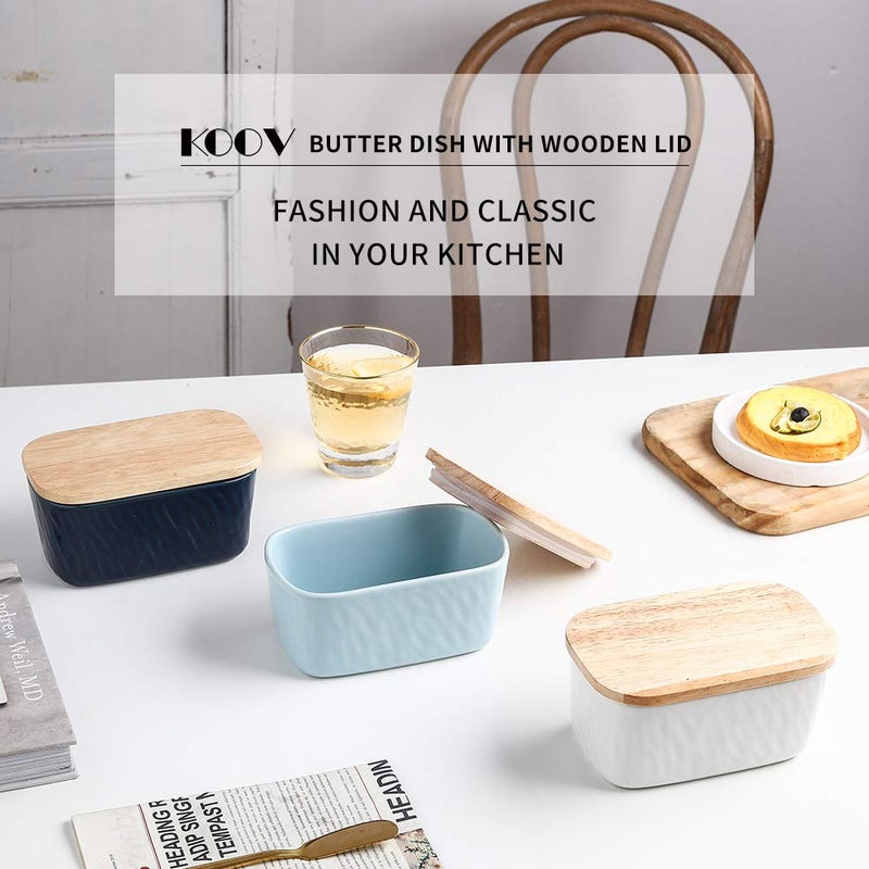 KOOV Porcelain Large Butter Dish with Lid, Airtight Butter Container with Oak Lid, Perfect for 2 Sticks, Texture Series (White) - Image 2